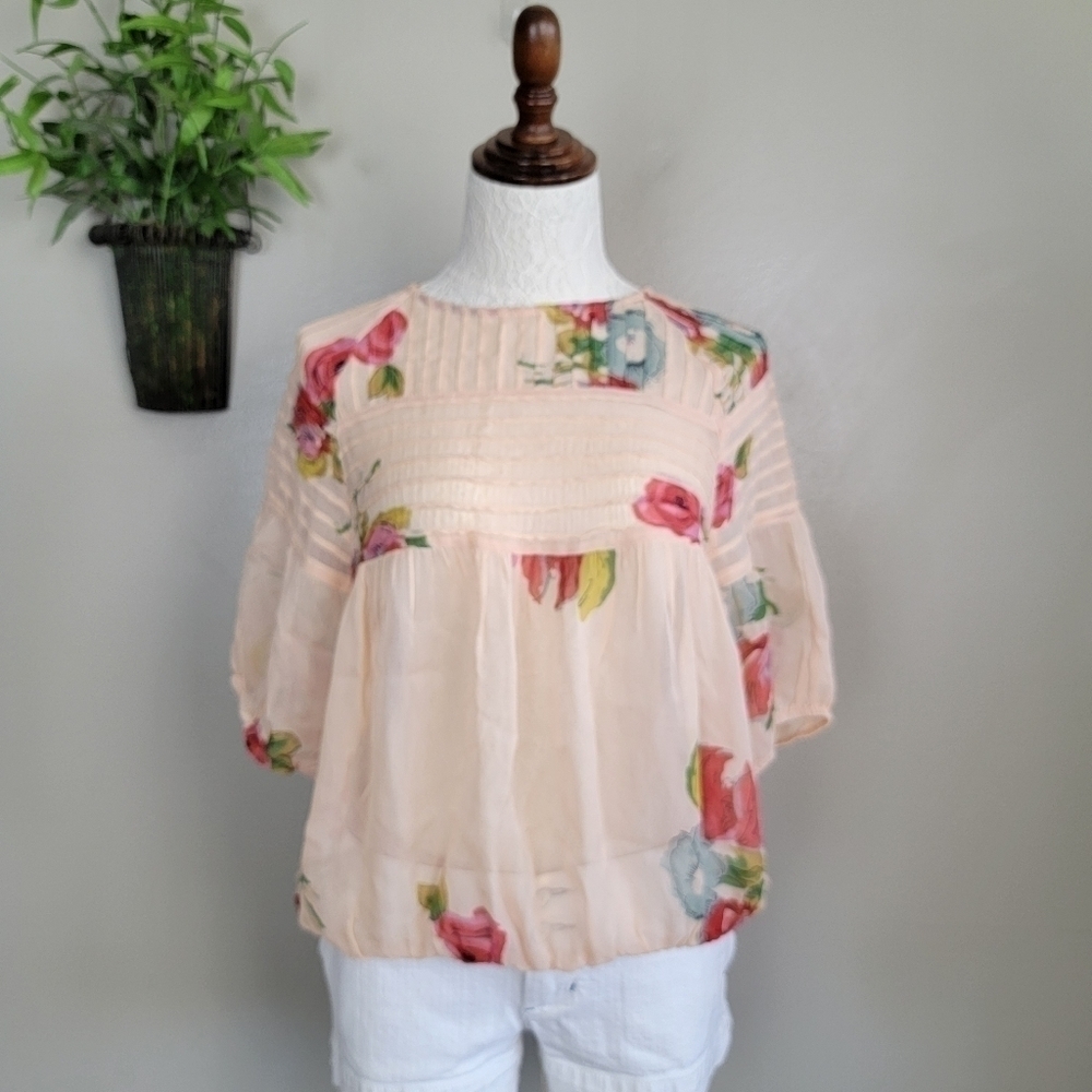 Anthropologie Boho Top One Fine Day Tea Rose Floral Sheer Pleated Pin Tucked S - Picture 2 of 16